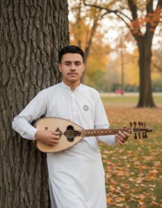 Cinematic Portrait of Man in White Kurta Holding Rabab by Tree