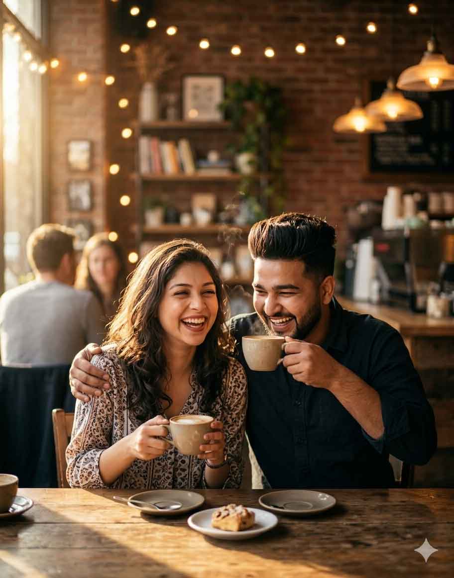 Create a cozy cafe date couple photo using Gemini AI prompts.