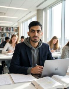 A portrait photograph capturing the student from the reference photo, now seated at a modern classroom desk wearing a navy blazer over a grey hoodie. He holds a pen and looks directly at the camera with a focused expression. A silver laptop, an open textbook, and loose-leaf notes are spread out on the table in front of him. The background is a bright, sunlit university library or study hall, with large windows to the right revealing green foliage outside. Other diverse students are blurred in the background, out of focus.