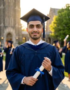 Education Prompt for AI - Graduation Day Portrait Gemini Prompt A portrait photograph of a young man with dark hair and a beard, wearing a navy blue graduation cap and gown, standing outdoors during sunset on a university campus and holding a diploma. His expression is confident and pleased. Other graduates are visible but blurred in the background, and the golden hour sunlight highlights the architecture behind him.