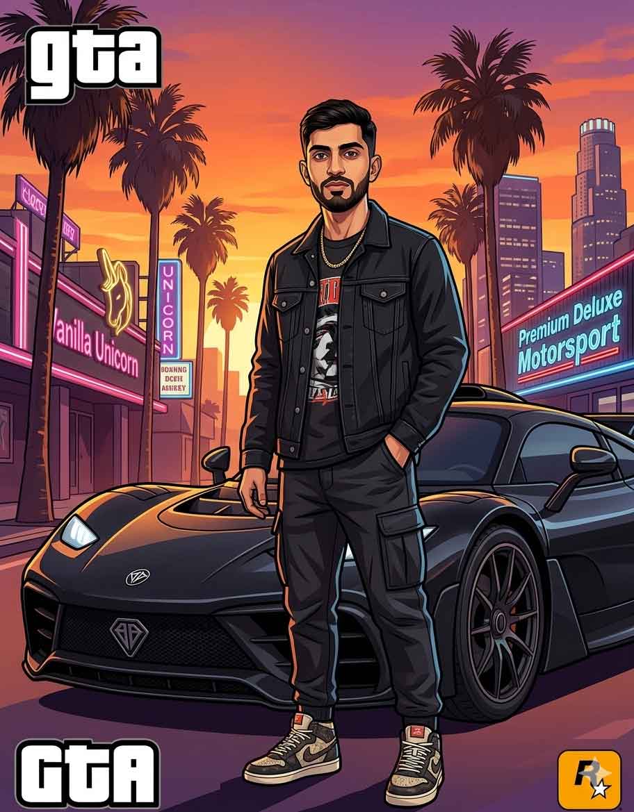 Generate a GTA-style cartoon portrait from your photo using Gemini AI. This prompt keeps your face unchanged and places you beside a stylish car in a cinematic urban scene inspired by GTA artwork.