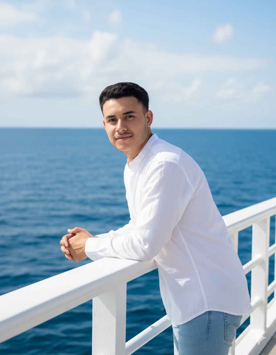 Create A young man (from uploaded image) he in a loose white linen shirt and denim jeans, leaning over a white wooden railing on a boat deck. He looking at the viewer with a relaxed expression. Vast, tranquil blue ocean and a bright, partially cloudy sky in the background. Candid lifestyle photography, airy feel, soft daylight, nautical aesthetic.