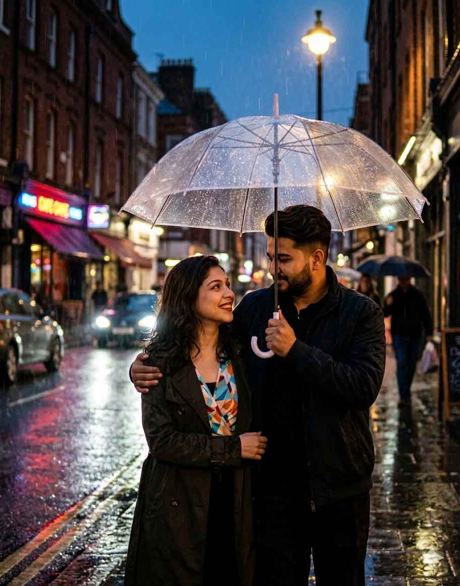 Generate a romantic rainy street couple photo using Gemini AI prompts. Upload your photo and your girlfriend’s photo to create realistic cinematic couple images.