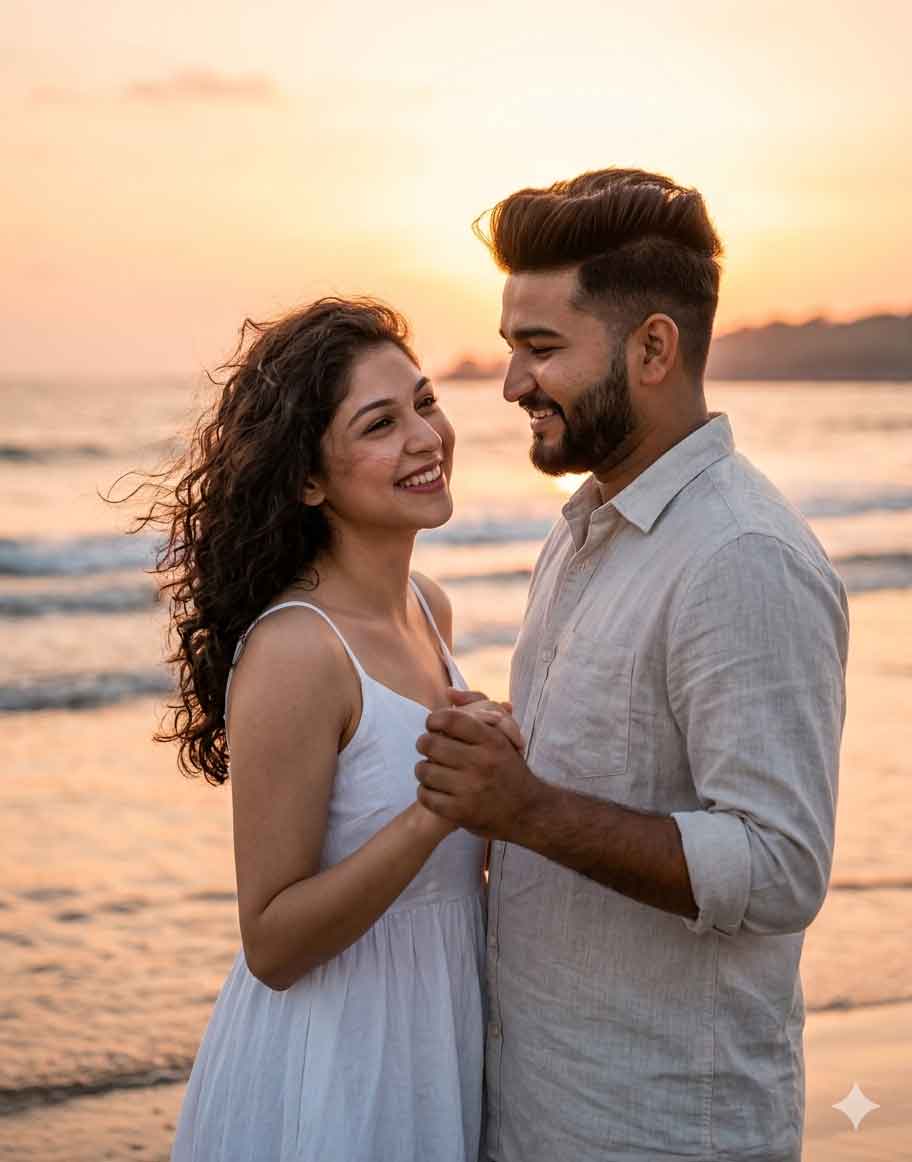 Romantic Sunset Beach Couple Photo Prompt for Gemini Using Your Photo