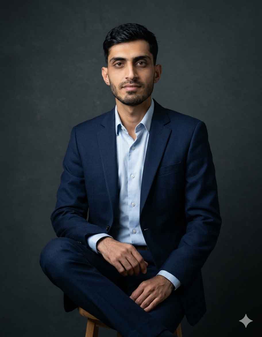 Cinematic AI-generated studio portrait of a man in a navy blue suit and light blue shirt, sitting on a wooden stool against a dark charcoal background. High-end professional headshot created using Gemini AI prompt services.