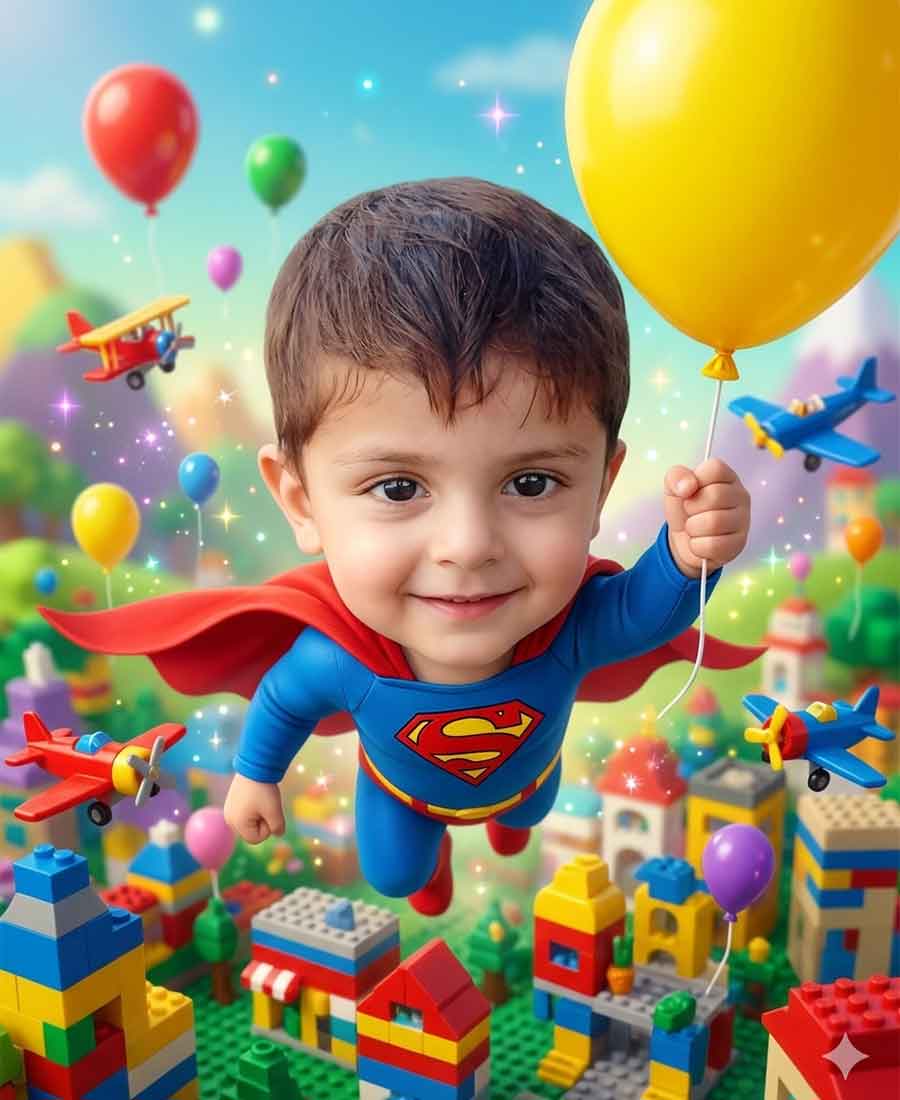 A realistic portrait of a young boy transformed into a tiny superhero flying over a vibrant toy brick city with colorful balloons and toy planes.