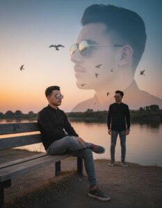 Ultra-Realistic Double Exposure Portrait of a Handsome Boy by the River